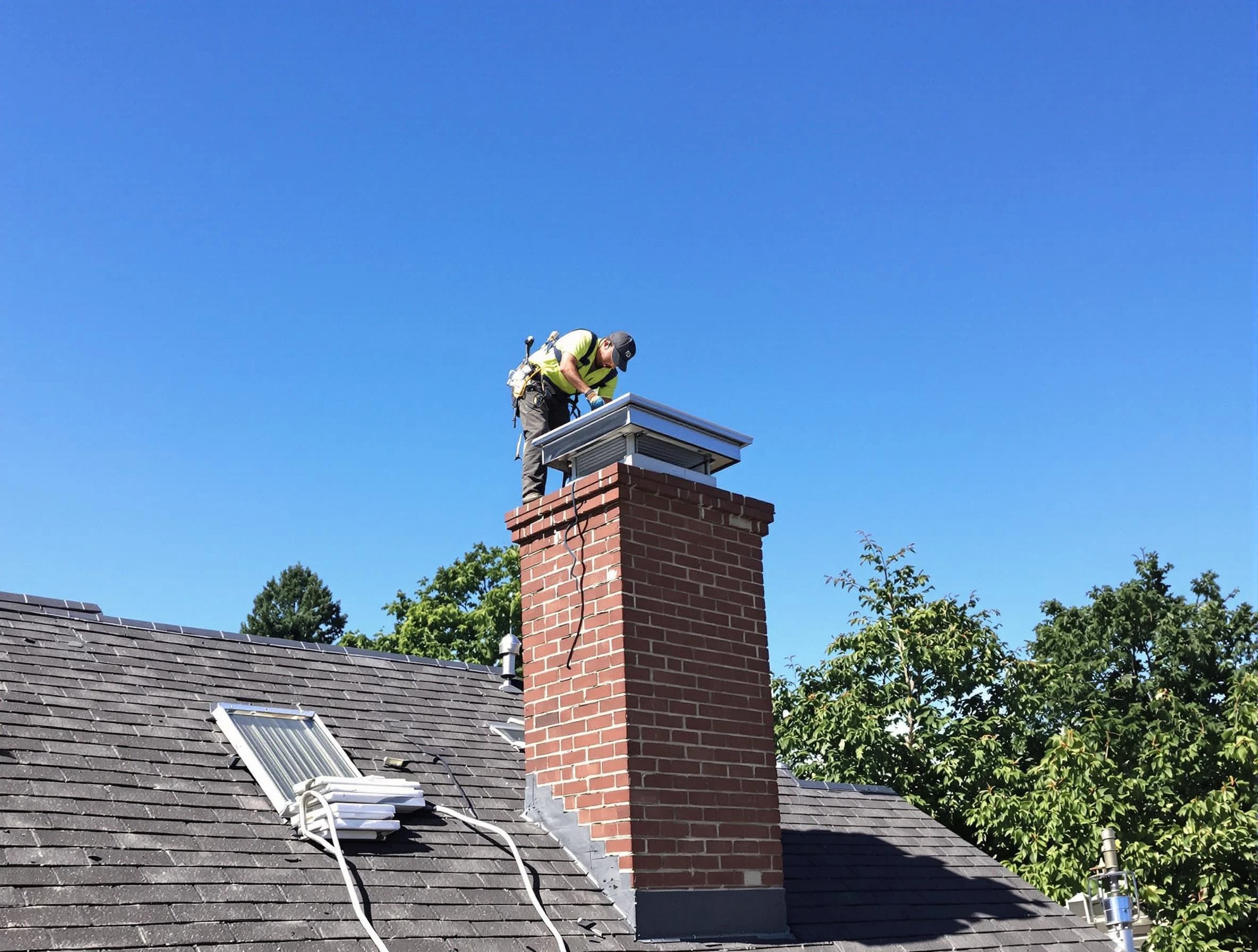 Mead Chimney Sweep technician measuring a chimney cap in Mead, CO